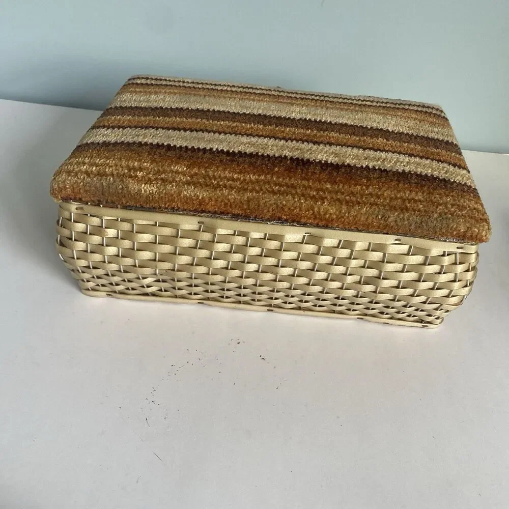 Vintage Woven Wicker  Sewing Basket Box W Carpet Tapestry Lid Wooden